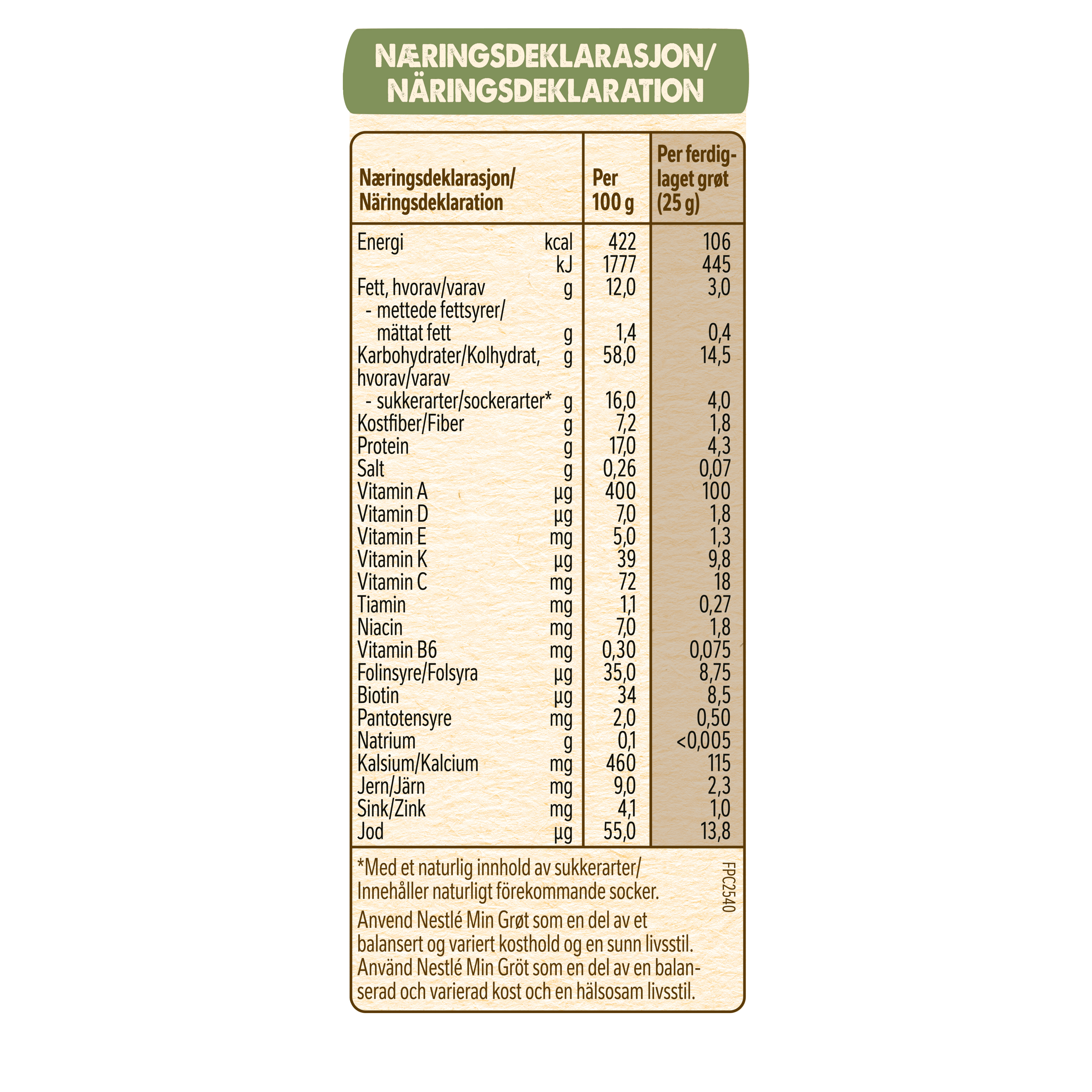 Nestle min Fullkornsgröt - Næringsdeklaration